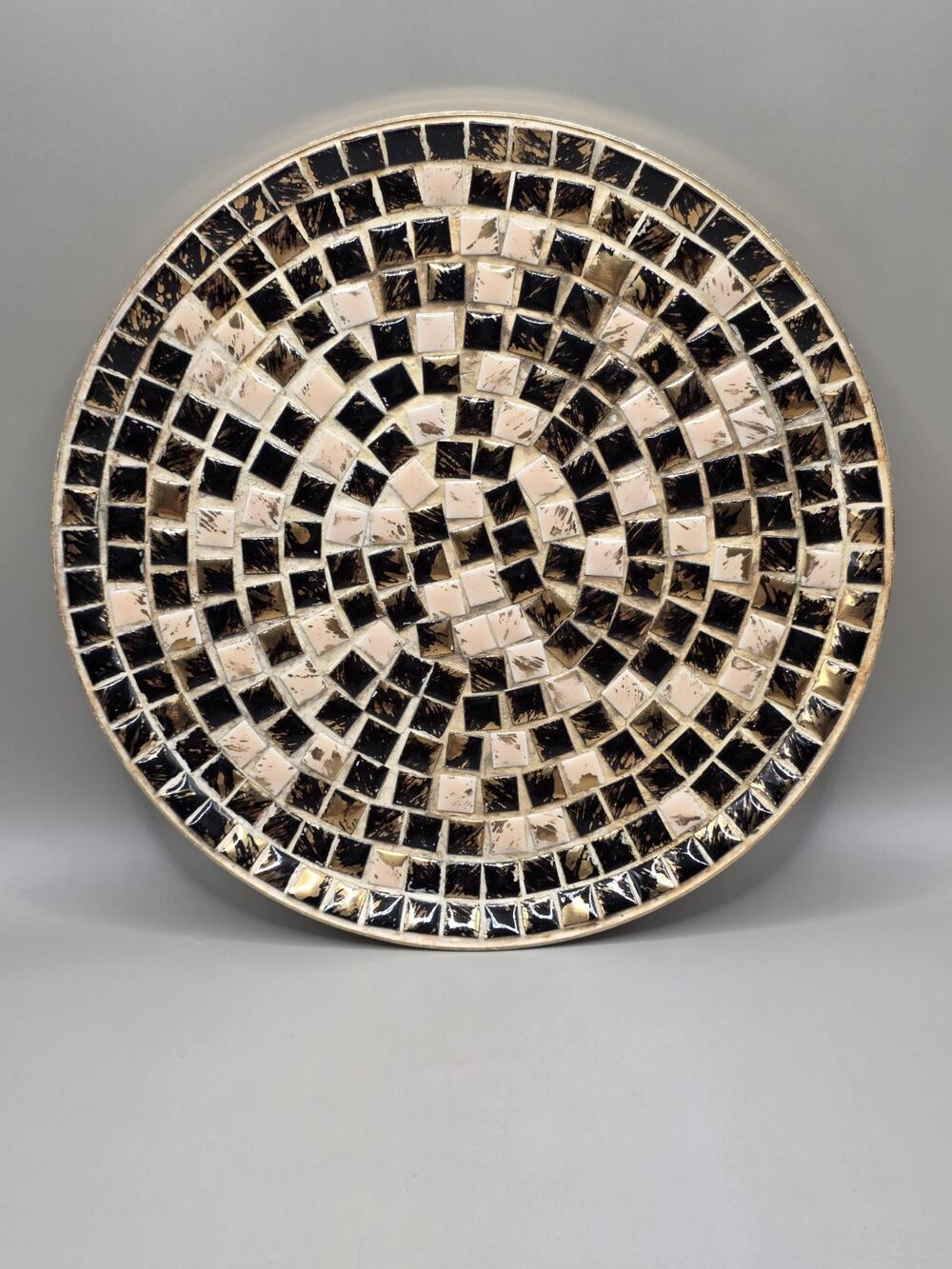 Vintage Mid Century Modern 10.5" Mosaic Tile Bowl Gold Black Cream MCM Large